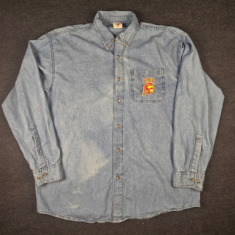 Vtg Joe College Men's Blue Denim Button Down USC Trojans Logo Shirt Size XXL